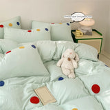 Qfdian  3pcs yellow green Duvet Cover Set (1*Duvet Cover + 2*Pillowcase, Without Core),Dot embroidery Bedding Set, Soft Comfortable