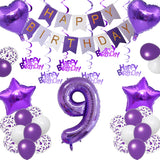 Qfdian  Purple White Foil Birthday Number Decorations Happy Birthday Banner Purple Happy Birthday Swirls Foil Heart Star Latex Balloons