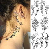 Qfdian  19 Sheets 3D Sexy Flower Temporary Tattoos For Women Neck Arm Black Fake Tattoo Sticker Waterproof Small Sketch Tatoo Decoration