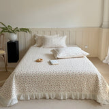 Qfdian 3/5Pcs Rose Floral Print Lace Ruffles Quilted Bedspread, Bed Cover, Mattress Topper Coverlet, Bed Sheet, With Pillowcases