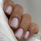 Qfdian 24Pcs Simple French Fake Nail with Gradient White Design Short Square Head False Nails Wearable Finished Manicure Press on Nails