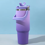 Qfdian  900ML Gradient Straw Thermos Bottle Portable Car Coffee Mug Cup Cold and Hot Stainless Steel Thermal Water Bottle with Handle