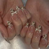 Qfdian  24pcs Light Coffee French Style Press On Nails Leopard Print Almond Spicy Girl Fake Nails With Bowknots Pearl Decor False Nail