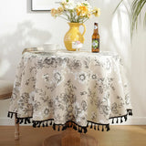 Qfdian Green Leaves Print Round Tablecloth Cotton Linen Boho Table Cloth with Tassels for Kitchen Restaurant Christmas Party Decoration