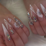 Qfdian  24pcs Long Stiletto Press on Nails Hot Girl Almond False Nails Nude Flower Rhinestones Full Cover Fake Nail Finished Manicure