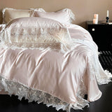 Qfdian Romantic Lace Princess Wedding Bedding Set 1000TC Lyocell Cotton Soft Silky Duvet Cover Bed Sheet/Fitted Sheet Pillowcases 4Pcs