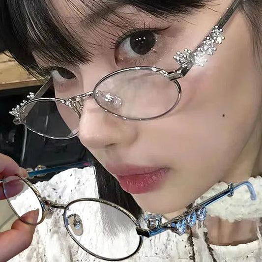 Women's Punk Retro Silver Anti Blue Light Eyewear Rhinestone Stainless Steel Oval Frame Glasses Girl Reading Seaside Spectacles