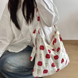 Qfdian Fashion Women Sweet Kawaii Print Handbags Y2k Aesthetic Chic Preppy Cute Canvas Bags Office Lady All Match Shoulder Underarm Bag