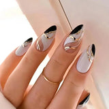 Qfdian 24Pcs Short Round Head False Nails Glitter Pink Almond Fake Nails Strawberry Full Cover Press on Nails Wearable Nail Tips