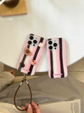 Qfdian Pink Stripe leather strap Bracelet Phone Case For Iphone 16ProMax 13 14 15 16 Pro Max 16Pro 15ProMax 15Pro 14Pro Cover Fundas