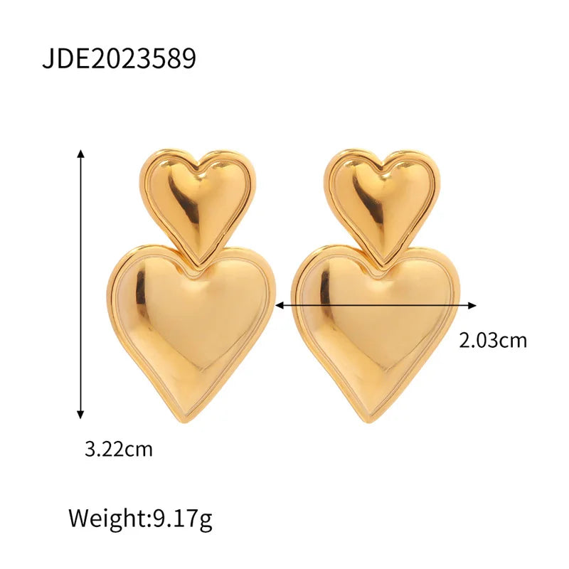 Luxury Trendy Double Heart Shaped Earrings Gold Plated Smooth Metal Love Drop Earrings For Women Jewelry Party Gift