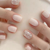 Qfdian 24Pcs Shiny Pearl Wearable False Nails Short Square Fake Nail Simple Summer Press on Nails Detachable Full Cover Nail Tips
