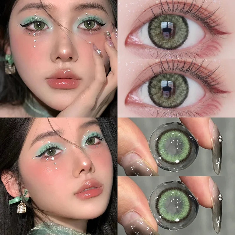 Qfdian 2PCS Green Colored Contact Circular Lenses Degree -0.00 to -8.00 Myopia Brown Eyes Beauty Pupil Makeup Lens Fast Shipping