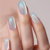 Qfdian 24Pcs Gradient Short Ballet Nails Set with Glue White Simple False Nails Coffin Fake Nail Press on Nails Full Cover Nail Tips