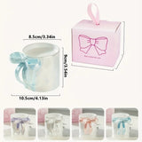 Qfdian  Ceramic Coffee Mug Ribbon Bow Handle Coffee Cup Cute Cups Aesthetic with Pink Bow Gift Box Packaging Gift for Friend