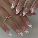 Qfdian 24pcs Simple Almond False Nails Sets Blush Design Press on Nails Art Datachable Short Oval Fake Nail with Jelly Glue Manicure