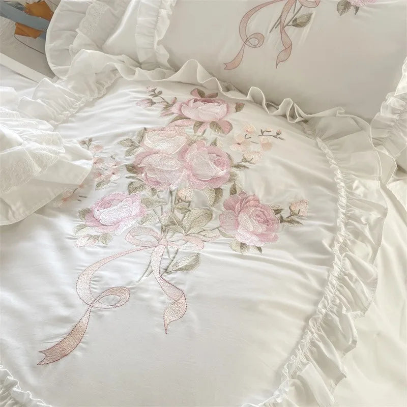 Premium Long Staple Cotton French Chic White Patchwork Embroidery Bedding Set Double Duvet Cover Flat/Fitted Sheet Pillowcases