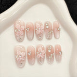 Qfdian  10Pcs Snake Rhinestone Press on Nails Pink Gradient Press on Fake Nails Cat Eye Almond False Nails 3D Carve Flower Nail Art Tip
