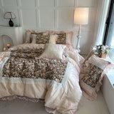 Qfdian  Vintage Floral Print Lace Ruffles Princess Bedding Set Egyptian Cotton Duvet Cover Bed Sheet Pillowcases