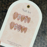 Qfdian  10pcs 3D Flower Handmade Press on Nails Short Almond False Nails Shiny Cat Eye Stick on Nail Metal Bowknot Delicate Nails Pink