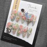 Qfdian Sweet Floral Press On Nails Pink Rose Butterfly Fake Nails For Women Elegant Pearl Rhinestone Party Nails Glamorous Reusable