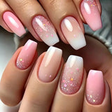 Qfdian  24Pcs Short Square Coffin False Nails Square Fake Nails with Glue French Glitter Wearable Acrylic Nails Set Press on Nail Tips