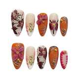 Qfdian  10Pcs Handmade Fake Nails With 3D Carved Petals Decor Almond Press on Nails Manicure Tool For Woman Detachable False Nails