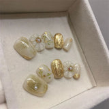 Qfdian 10pcs Blue Pink Handmade Press on Nails with Flower Short Ballerina Fake Nails Reusable Manicure Artistic Full Cover Finger Tips