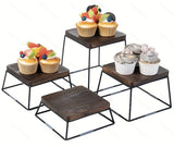 Qfdian  Set of 4 Wood Buffet Risers, Square Retail Food Display Risers for Party, Burnt Wood & Black Metal Wire Pizza Stands for Serving