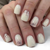 Qfdian 24Pcs Shiny Pearl Wearable False Nails Short Square Fake Nail Simple Summer Press on Nails Detachable Full Cover Nail Tips