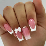 Qfdian 24Pcs French Pink Press on Nails Short Square Head Fake Nails with Flower Rhinestone Design Wearable Finished False Nail Tips