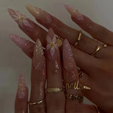 Qfdian 24pcs Mid-length Almond Press on Nails Sets Wearable Gradient Pink Flower Pearl Design False Nail French Fake Nail Finished Tips