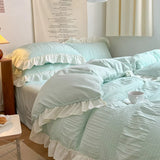 Qfdian Ins Style Korean Bedding Set Lace Seersucker 4-piece Bed Sheet Set Quilt Cover Solid Duvet Cover For Girl Spring Decor Home