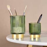 Qfdian  Golden Edge Thickened Glass Storage Bucket, Dark Green Pen Holder, Storage Jar, Makeup Brush Cup, Table Vase Box