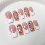 Qfdian  10pcs Luxury Gold Press on Nails 3D Flower False Nails Pearl French Manicure Handmade Fake Nail Tips Square Medium Nail Stickers