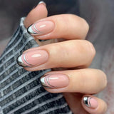 Qfdian  24Pcs Solid Color Grey Almond Fake Nail Cat's Eye Design Wearable Round Head False Nails with Shiny Powder Press on Nails