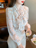 Qfdian  Floral Printed Blosue Women Office Ladies Bow Short Shirts Office Ladies Long Sleeve Elastic Waist Casual Chiffon Blouse Tops