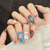 Qfdian  10pcs Handmade French Almond Press on Nails 3D Cherry Flowers Design False Nails Wearable Sweet Cool Fashion Fake Nail Tips