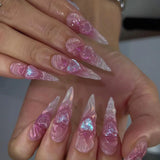 Qfdian  24pcs 3D Blue Heart Press on Nails Medium Almond Fake Nails with Glue Full Cover Pink Gradient Y2k False Nails Sweet Cool Nail