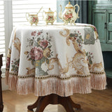Qfdian  European Dustproof Tassel Table Cloth Embroidery Tablecloth Round Dining Desk Retro Table Cover Cloth Living Room Decor
