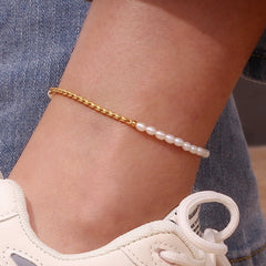 New Stainless Steel PVD Plating Waterpoof Rhinestone Zircon Freshwater Pearl Rope Chain Gold Color Anklets For Women