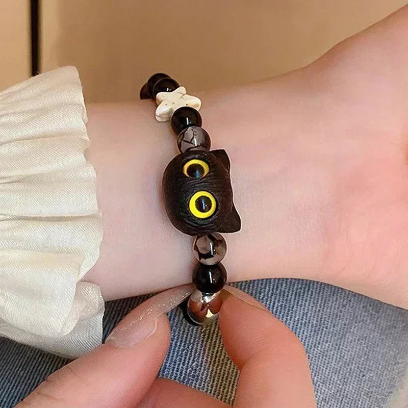 Cute Natural Stone Black Cat Bracelet for Women Men Fashion Cartoon Animal Beaded Bracelets Handmade Fashion Girl Jewelry Gifts