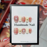 Qfdian  10pcs 3D Strawberry Bow Press on Nails Sweet Cute Square False Nails Flowers Pearl Stick on Nails Cat Eye French Fake Nail Art