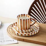 Qfdian Simple Striped Ceramic Teacup Hotel Café Porcelain Coffee Cup 280ml Office Mug Breakfast Bread Dessert Mug Gift Table Decoration