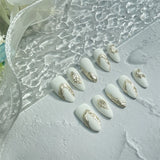 Qfdian 10pcs Almond Handmade Press on Nails White Foils Designed False Nails Manicure Artificial Short Full Cover Wearable Nail Tips