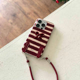Qfdian Red stripes autume winter 3d bowknot  cover for iphone 15pro 16promax 16 13pro 12 14 13 15 pro max 14promax rope phone case