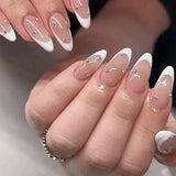 Qfdian 24Pcs Golden French Fake Nail with Almond Head Design Simple Oval False Nails Wearable Press on Nails Full Cover Nail Tips