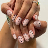 Qfdian 24pcs Simple Almond False Nails Sets Blush Design Press on Nails Art Datachable Short Oval Fake Nail with Jelly Glue Manicure