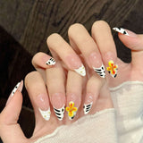 Qfdian  10pcs Handmade White French Press on Nails Nude Pink Almond Design False Nails Wearable Sweet 3D Flower Decor Fake Nail Tips