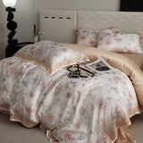 Qfdian Floral Plant Print Color Blocking Bedding Set Lyocell Bamboo Fiber Soft Silky Duvet Cover Flat/Fitted Bed Sheet Pillowcases 4Pcs